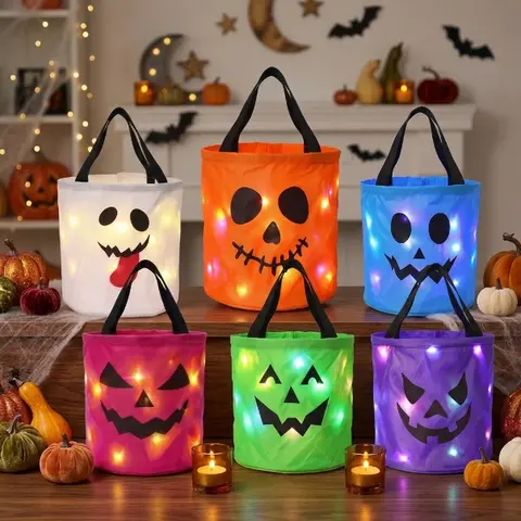 3/6 PCS Halloween LED Light Candy Pumpkin Bucket Sets - Reusable Non-Woven 13.39x8.66in Unisex Trick-or-Treat Bags, Candy Bags for Party Favors, Decoration for Garden Lawn, Festive Home Supplies
