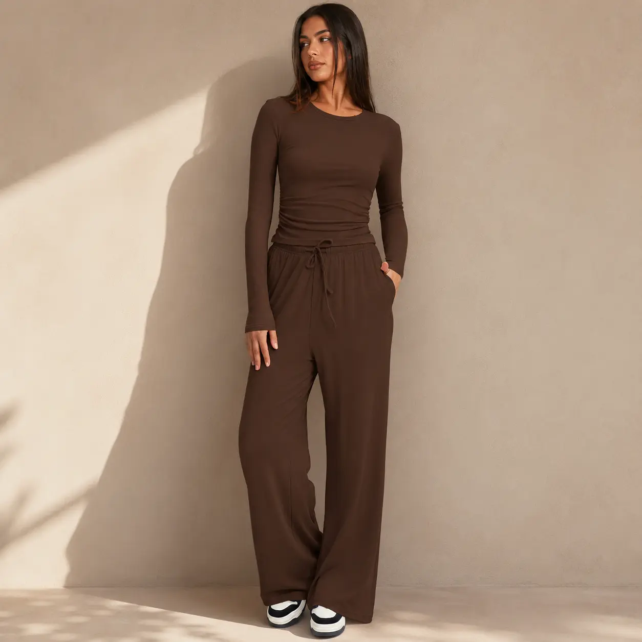 Women's Plus Size 2-Piece Pants Set - Long Sleeve Round/Crew Neck Top, High Waist Wide Leg Stretchy Stretch Polyester Pants, Loungewear Clothes for Women for Errands to Yoga