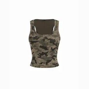 Cider Cotton-blend Square Neck Camo Crop Top with Metal Detail