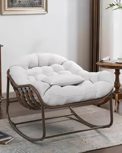 Garvee Upgraded Oversized Papasan Rocking Egg Chair for Patio – Wicker Rattan Outdoor Lounge with Water-Resistant Cushion, Heavy Duty Metal Frame, 450lbs Capacity, Comfortable Seating for Garden, Porch, Balcony, or Bedroom – Grey/White