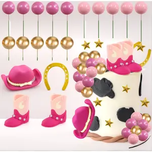 Turning a plain cake into a western masterpiece Cowgirl Cake Topper 24PCS set includes pink hat boots and cow print balls Perfect for cowboy themed birthday parties or cowgirl party favors