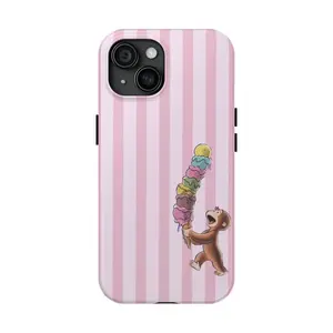 Curious George Phone Case, Cute Cartoon Monkey with Giant Ice Cream Cone, Pink Striped Aesthetic Protective Cover for 17 Air 17 Promax 16 15 14 11 Pro Max 13 12 Mini XR XS X Soft Back Cover Protection Shockproof