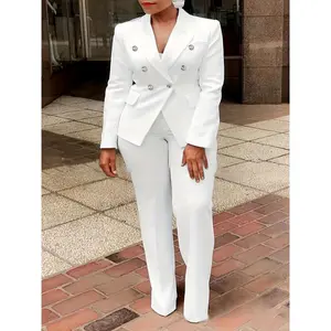 Women's Elegant High-Waist Blazer and Pants Set - Solid Color, Double-Breasted, Long Sleeve, Polyester/Spandex Blend Collar Fabric White Womenswear Suits Spring Chic Fitted tracksuits men