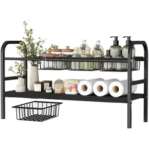 Under Sink Organizer, 1 Count 2 Tier Expandable Cabinet Shelf Organizer with Removable Panels, Under Counter Storage Organizer for Kitchen, Bathroom