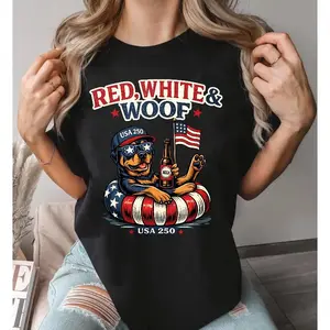 Red White & Woof USA 250 Rottweiler T-Shirt, Patriotic 4th of July Dog & Beer Graphic Tee for Pet Lovers