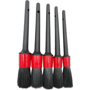 Detailing Brush Set of 5-Soft Boar Hair, Wash Brush, Wheel Cleaner Brush, Dust Brush, Interior Leather Seat and Vent Brush, Detailing Kit For Car