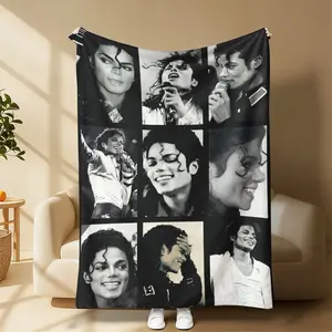 Michael Jackson Collage Portrait Flannel Blanket - Flannel Fabric, Black Backdrop with Iconic B&W Photos, Soft Contemporary Home Room House Decor Gift for MJ Fans