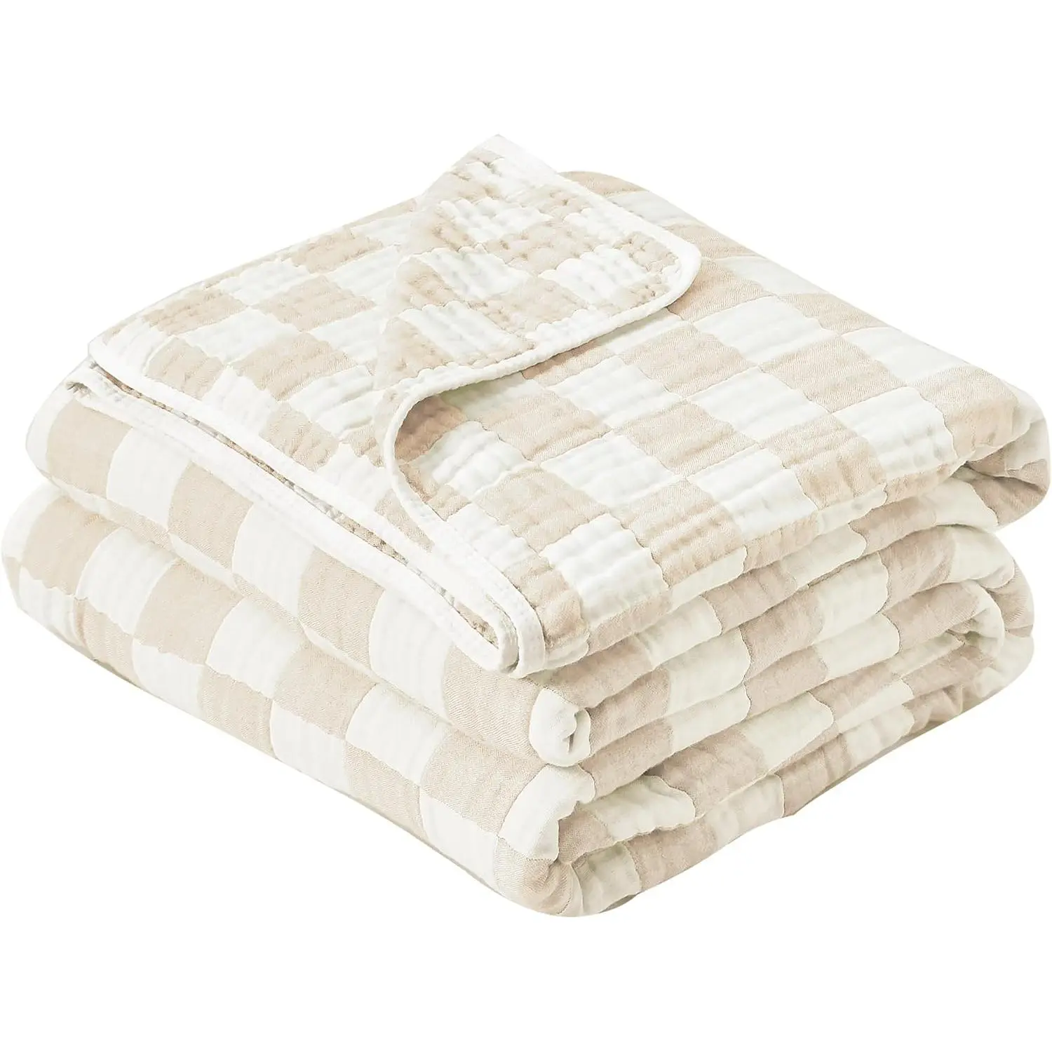 Ultra Soft Cozy  Cotton 6-Layer Muslin  Blanket 41"x41" Breathable Lightweight Checkered Swaddle Blankets for      Birthaday Gifts All Seasons Cream