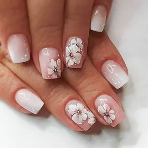 Flower Pattern Fake Nails with Nail File & Tape, 24pcs Short Square False Nails for Women DIY Nail Art, Effortless Press on Nails Manicure Set, Flower Design Nails