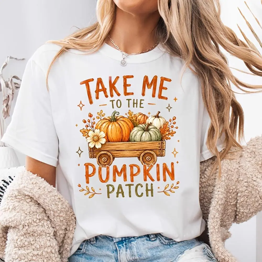 Take Me To The Pumpkin Patch Print, Neck Drop Shoulder T-Shirt, Autumn Harvest Festival Theme, Casual Daily Wear