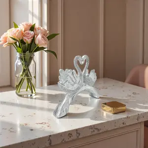 Elegant Heart Swan Resin Figurine, Nordic Style Desktop TV Cabinet Decor, Silver Color Tree Stump Rose Design Home Living Room Entryway Wine Cabinet Decoration