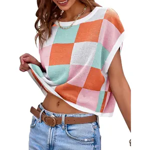 Saodimallsu Women's Color Block Crop Top Short Sleeve Crew Neck Knit Sweater Casual Trendy Summer Pullover