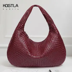 KOGTLA Women's Woven Shoulder Bag, Fashionable Soft PU Leather Shopping Bag