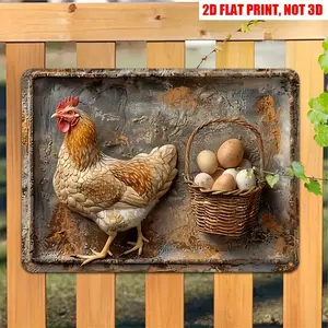 Vintage Farmhouse Chicken Metal Sign - 8x12in Rustic Flat Iron Wall Decor, Hen & Egg Basket Design, Pre-Drilled Holes, No Electricity, Easy Hanging, Durable, Gift for Country Home