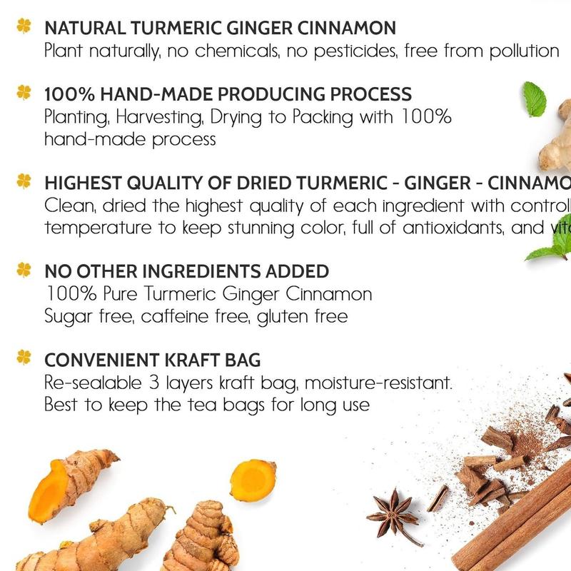120 Bags Premium Turmeric Ginger Cinnamon Tea, Improve Digestion, Support Brain, Weight, Skin and Sleep, Eco-Conscious Tea Bags and Premium Natural Ingredients. Turmeric Ginger Herbal Tea. No Sugar, No Caffeine, No Gluten, Vegan.