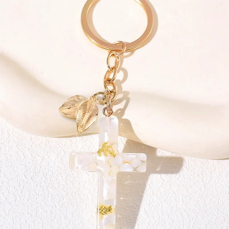Fashion Cross & Leaf Design Keychain, Cute Resin Keychain for Women & Men, Trendy All-match & Exquisite Keychain for Birthday Gift, Stylish Keychain, Gothic Cross Keychain, Resin Material Keychain