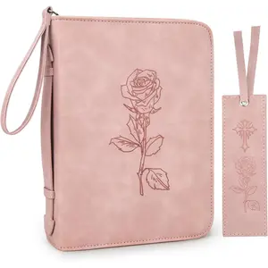 Bible Cover for Women - Leather Study Case with Bookmark Supplies Carrying Tote Bag with Strap Personalized Book Organizer for Journaling Pink