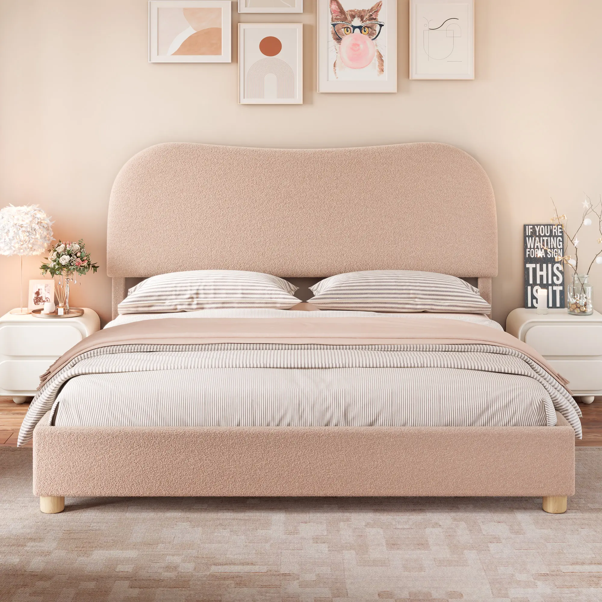 [SummerWins] [SummerFinds] ALBOTT Boucle Upholstered Low Profile Platform Bed Frame,Curved Adjustable Headboard, Fluffy Boucle Fabric, Soft Rounded Corners, Noise-Free, No Box Spring Needed, Easy to Assemble, Contemporary Style