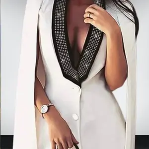 Women's Button Front Split Cape Sleeve Rhinestone Trim Tuxedo Blazer Dress Jacket Fashion