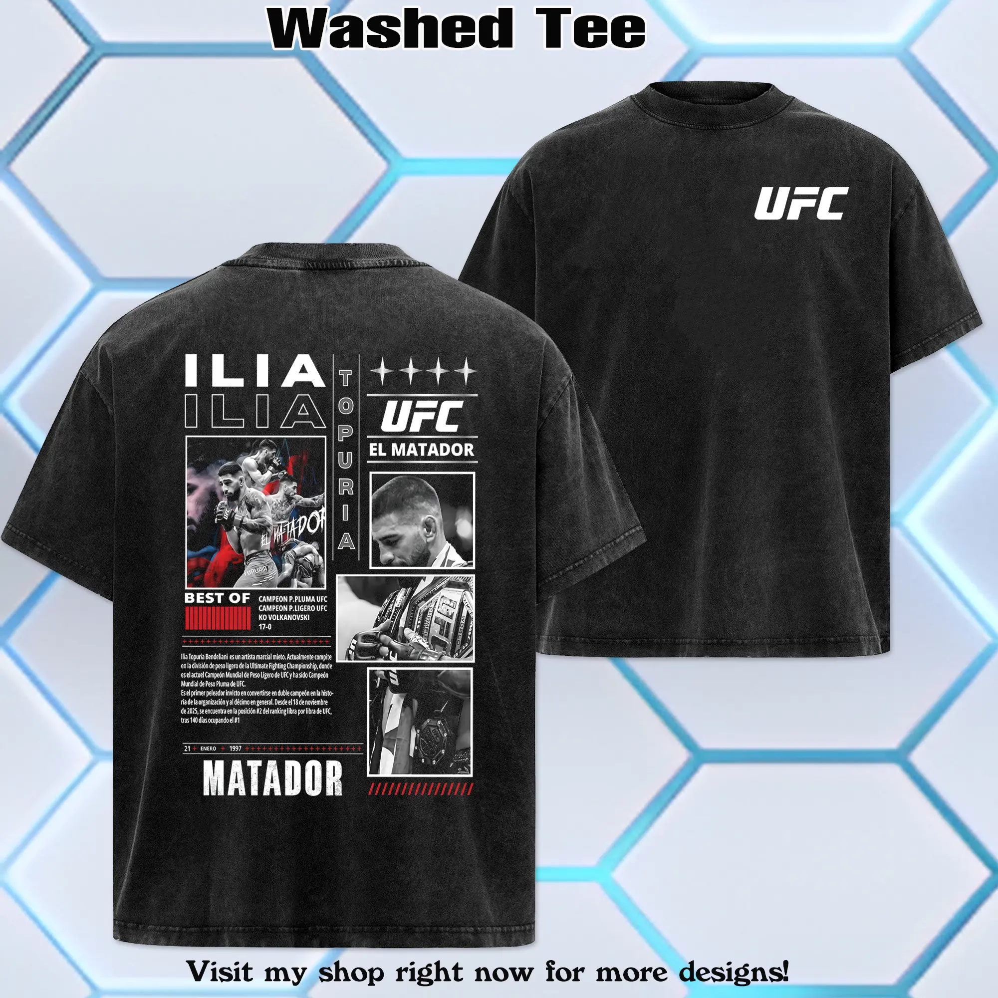 UFC 2026 - Polo Ilia Topuria " Matador " Washed T-Shirt - Hoodie, Menswear Apparel - Unisex Cotton Round Neck Crewneck T-Shirt, Casual Fashion Top Gift for UFC Fans Summer Vibe, UFC Merch, Sport Style