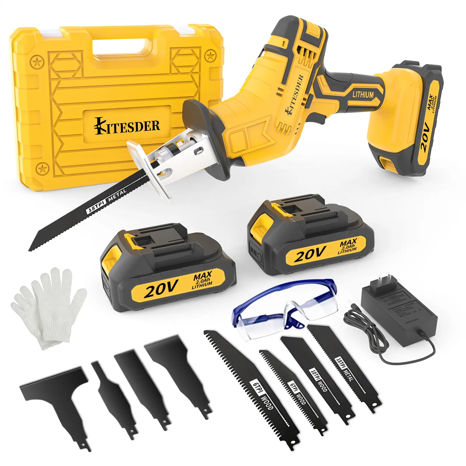 KITESDER Cordless Compact 20V MAX Batteries 1-Handed Reciprocating Saw Kit for DIY, Brushless Motor, Stepless Speed Regulation, Tool-Free Blade Change, 8 Blades for Cutting Metal, Wood, PVC Pipes