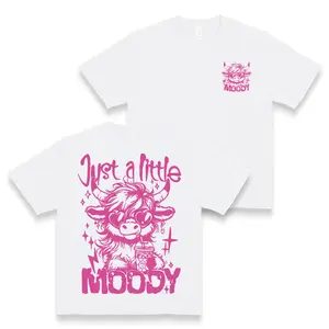Women's Casual Highland Cow Graphic T-Shirt "Just a Little Moody" Print Soft 100% Cotton Crew Neck Tee Short Sleeve Spring Summer Fashion Machine Washable Top - Embroidered