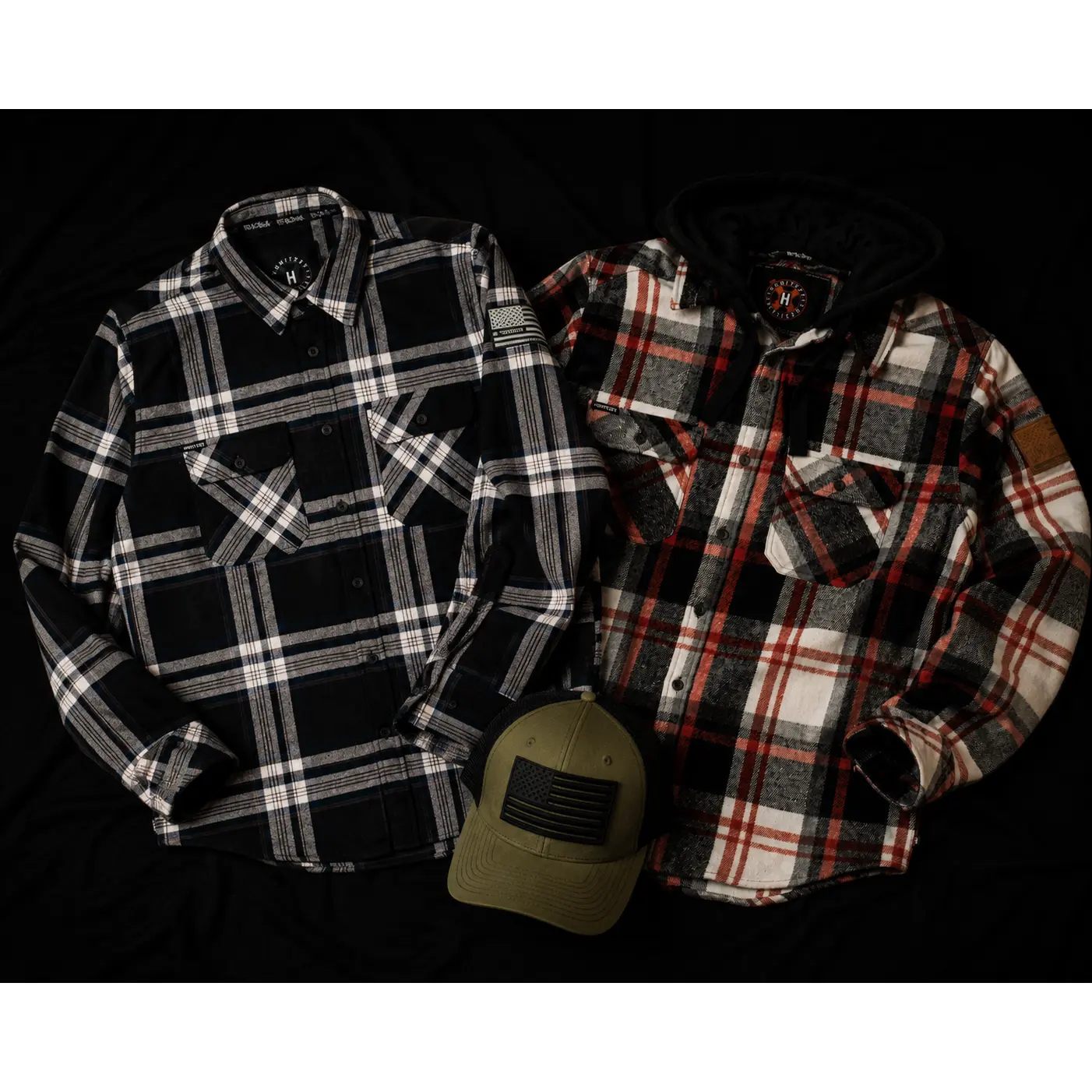 Plaid Flannel Shirts for Men, Mystery 2-Pack of Casual Tops, Patriotic USA Designed Menswear Bundle with Free Hat, Checked, Original, Everyday Wear, Patriot Flag, Plaid Cuff Men's Casual Shirts, Us Pride / Nation Pride, Long Sleeve, Full Sleeve, Shirt Set