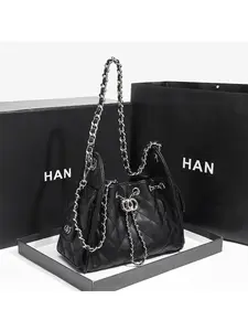 New Textured Diamond Drawstring Chain Bucket Bag, Vintage Underarm Women's Purse, Fashion Shoulder Bag, Stylish Handbag