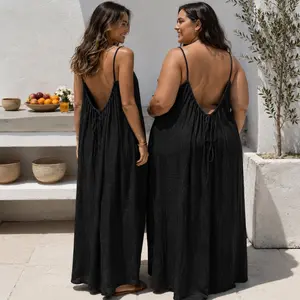 Plus Size Friendly Backless Cami Maxi Dress for Women, Solid Sleeveless Tie-Back Lounge Dress, Flowy Summer Vacation Sleepwear