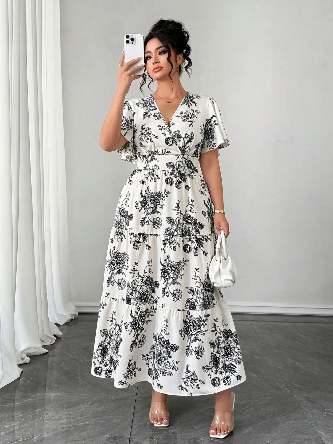 Plus Size Women's V Neck Ruffle Feminine Floral Print Layered Long Dress, Bohemian Boho Wedding Guest Gown, Elegant Elegance Party Wear, Summer Formal Wedding Guest Dress