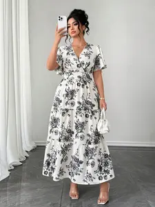 Plus Size Women's V Neck Ruffle Floral Print Layered Long Dress, Bohemian Wedding Guest Gown, Elegant Party Wear