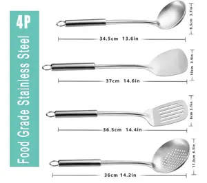 Pleafind 4-Pcs Cooking Utensils Set, Stainless Steel Kitchen Utensils, Wok Utensils Set Include Wok Ladle, Slotted Spoon, Wok Spatula and Slotted Spatula, Dishwasher Safe