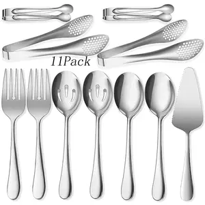 11 Pack Stainless Steel Serving Utensils, include Silver Forks Tongs, Pie Server, for Buffet, Banquet, Cooking and Kitchen