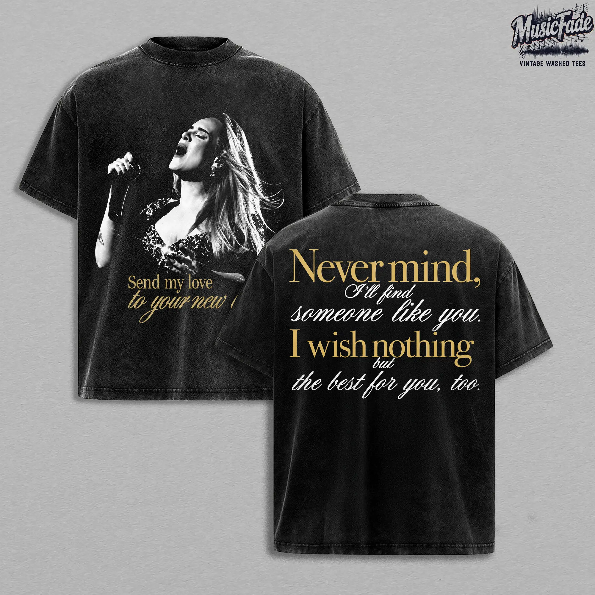 Adele Send My Love Vintage Washed Oversized T-Shirt, Someone Like You Lyric Graphic Tee, Double Sided Heavyweight Cotton Acid Wash Soul Pop Concert Shirt, Retro Music Streetwear Unisex Adele Fan Merch Gift Tee