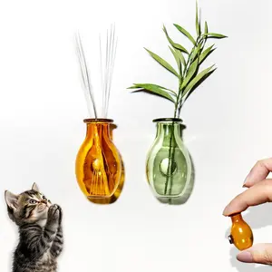 2PCS Mini Glass Cat Whisker Vase - Fridge Magnet Cat Whisker Holder with Strong Adhesive, Clear Miniature Vases for Keepsake or Décor（Pink and Purple）
