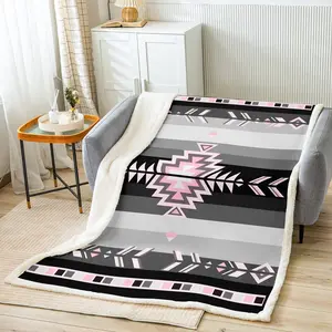 Southwest Native American Design Sherpa Blanket,40"x50" Southwestern Geometric Fleece Throw Blanket for Decor Tribal Pink Grey Black Plush Blanket