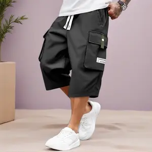 Men's High-Quality Summer Casual Cargo Shorts - Elastic Drawstring Waist, Multiple Pockets & Patch Design, Regular Fit Mid-Rise Non-Stretch Fabric for Daily Wear & Leisure Activities, Nontransparent Fabric SpringStatements Menswear Plain Beige Tropical