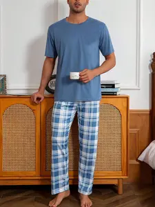 Men's Spring Sleepwear Set, Thin Round Neck Blue Pajamas with Pocket, Short Sleeve Plaid Print Long Pants Two-Piece Casual Home Wear