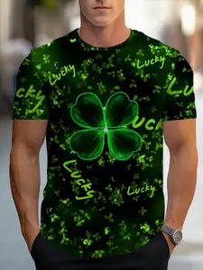 Men's Four-Leaf Clover Lucky Number Digital Print T-Shirt, Casual Fitted Long Sleeve Tee, All Seasons Fashion, All over Print