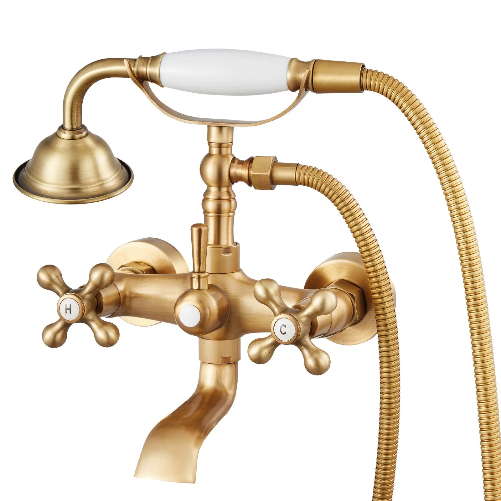 【Summerfinds】VEVOR Clawfoot Tub Faucet, Wall Mount Bathtub Faucets with Handheld Shower, Vintage Brushed Gold Clawfoot Tub Filler Faucet Shower Kit with Adjustable Swing Arms & 360 °   Rotation Spout for Bathtubs