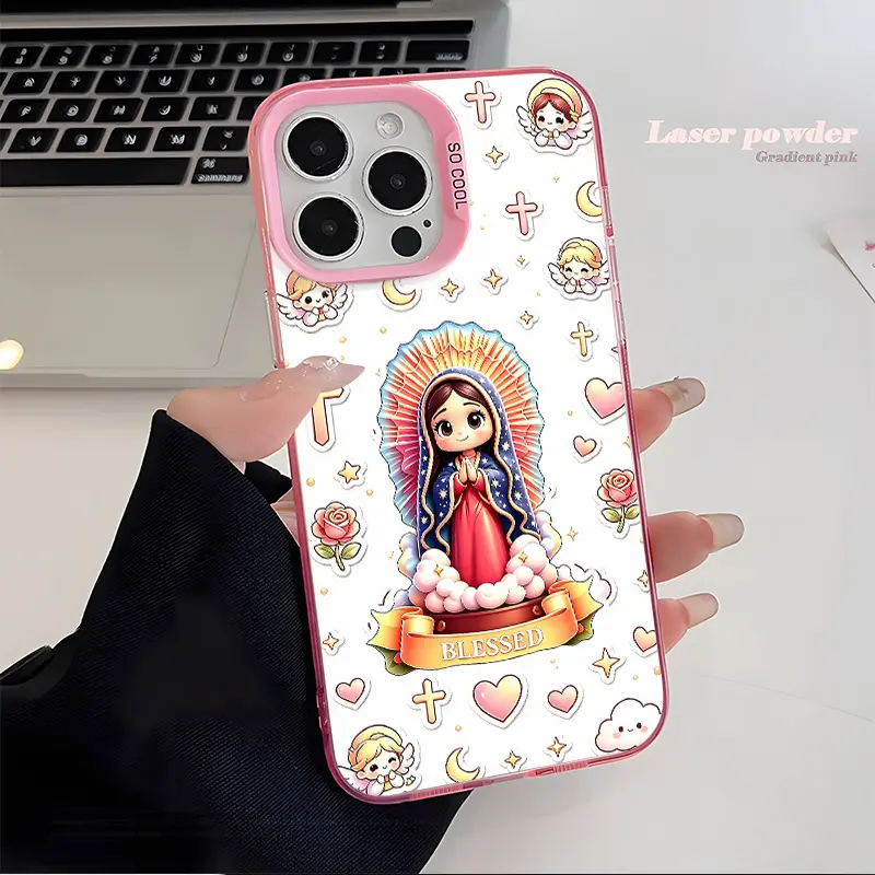 Pink Cartoon Our Lady of Guadalupe Pattern Hard Phone Cover, Anti-Drop Shockproof Scratch Resistant Protection for iPhone 7/811/12/13/14/15/16/17 promax /Plus/Pro/X/XS/XR/XSMAX Series girl gift anti-fall protective case cute style