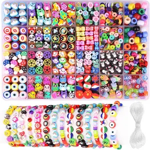 480pcs Soft Clay Slices Loose Beads Fruit Cartoon Clay Bead Set DIY Handmade Bracelet Necklace Jewelry Kit Includes Cord