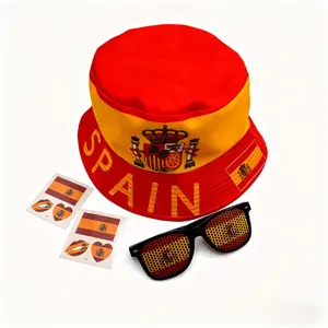 Unisex Spanish Style Country Flag Bucket Hat Set - Flag-Themed Hats with Sunglasses, Stickers, Soccer Fan Match Day Party Outfit, Sports Fan Gift