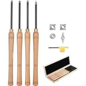 VEVOR Wood Lathe Turning Tool Set, 4PCS Lathe Roughing Finishing and Detailing Hollow Tool with Wooden Handle Diamond Round Square Carbide Inserts Wooden Box for Beginners Hobbyists Professionals