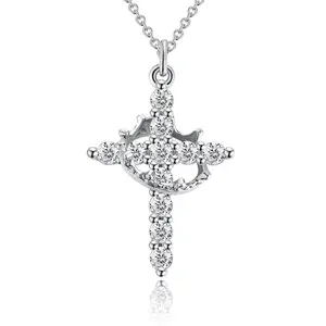 Crown Cross Necklace for Women, Crown Cross Pendant Necklace Simple Cubic Zirconia Necklaces Faith Cross Jewelry First Communion Necklace, Womens Gift Love Crystal