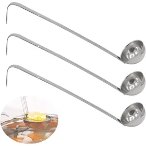 3 Pcs 1 oz Stainless Steel Soup Ladle Set, Long Handle Serving Spoons with Hooked Handles, Kitchen Cooking Utensils for Sauce Gravy Stew