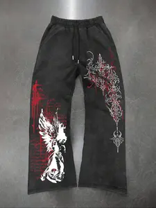 Men's Casual Loose-Fit Cotton Sweatpants, Angel Cross Graphic Print Aesthetic Drawstring Wide Leg Pants, All-Season Comfortable Men's Clothing