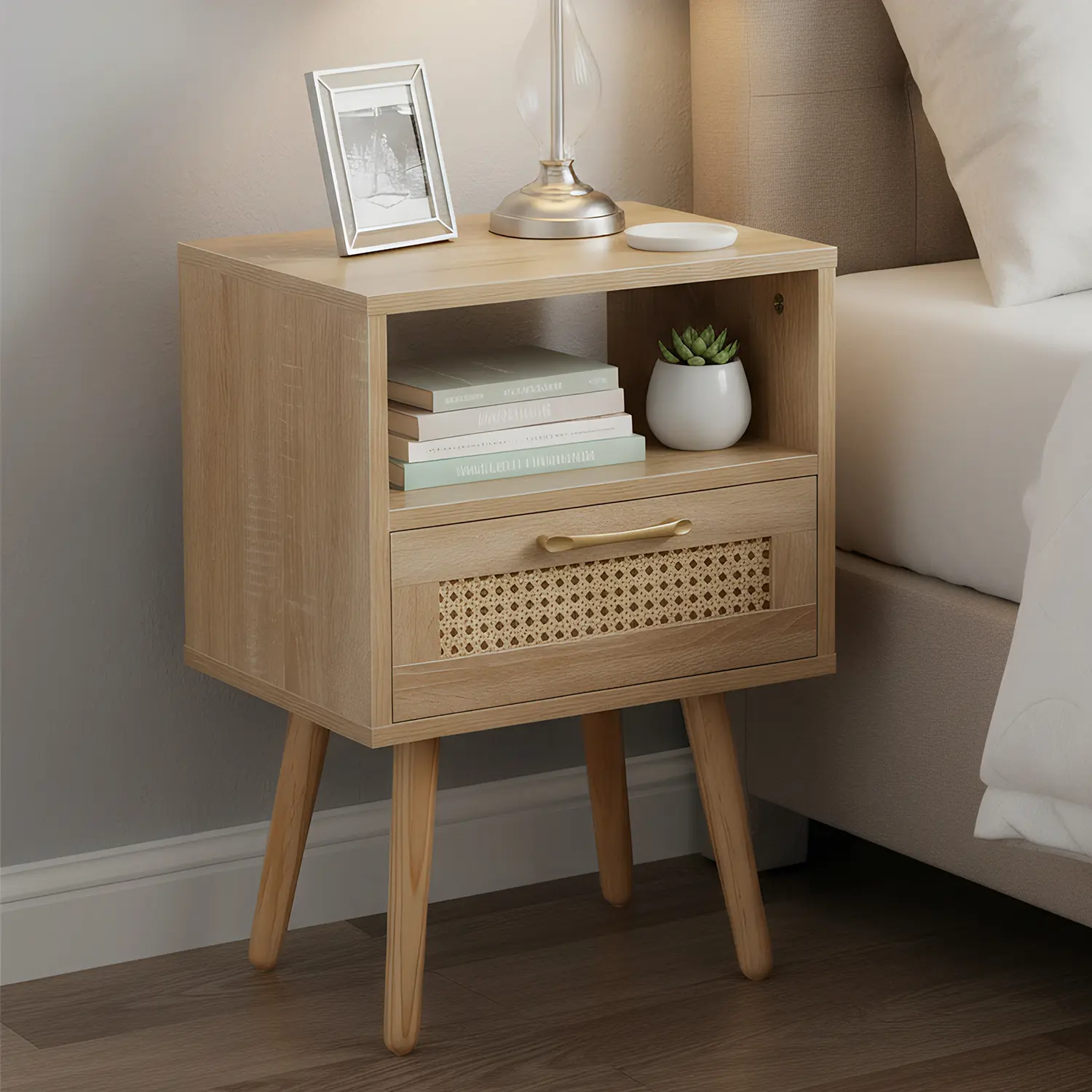 Spaco 15.75-in Rattan Contemporary End Table - Modern Accent Table, Nightstand with Drawer, Solid Wood Legs for Living Room, Bedroom (Natural Style), Nightstands With Drawer, Bedside Tables