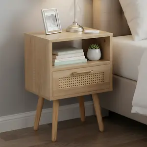 Spaco 15.75-inch Rattan End Table with Drawer & Solid Wood Legs – Modern Nightstand & Side Table for Living Room, Bedroom (Natural Style)