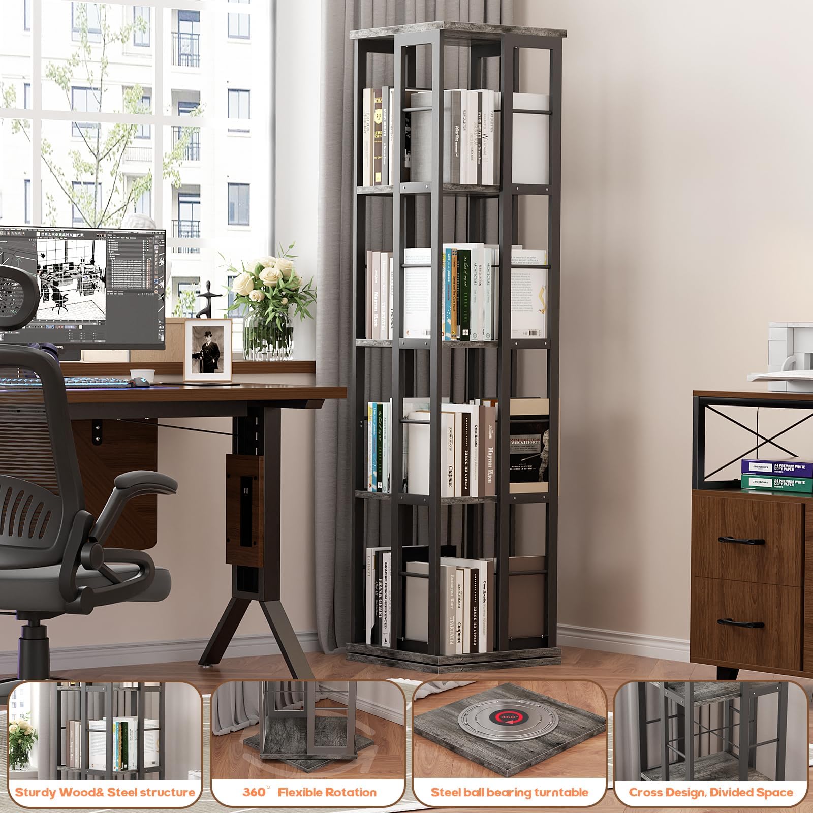 Rotating Bookshelf, Corner Bookcase, 360° Display Wood Spinning Bookshelves, Floor Standing Bookcases Narrow Shelf, 5 Tiers